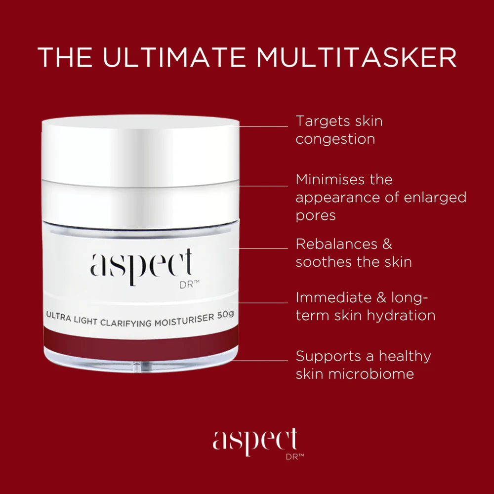 Aspect Dr Ultra Light Clarifying Moisturiser - Restore a clear, balanced, and refined complexion with this incredible multitasker. Specifically formulated to address skin congestion, enlarged pores and blemish-prone skin, the Aspect DR Ultra Light Clarifying Moisturiser delivers feather-light hydration while supporting a healthy skin microbiome.
