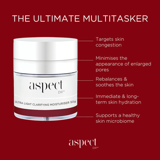 Aspect Dr Ultra Light Clarifying Moisturiser - Restore a clear, balanced, and refined complexion with this incredible multitasker. Specifically formulated to address skin congestion, enlarged pores and blemish-prone skin, the Aspect DR Ultra Light Clarifying Moisturiser delivers feather-light hydration while supporting a healthy skin microbiome.