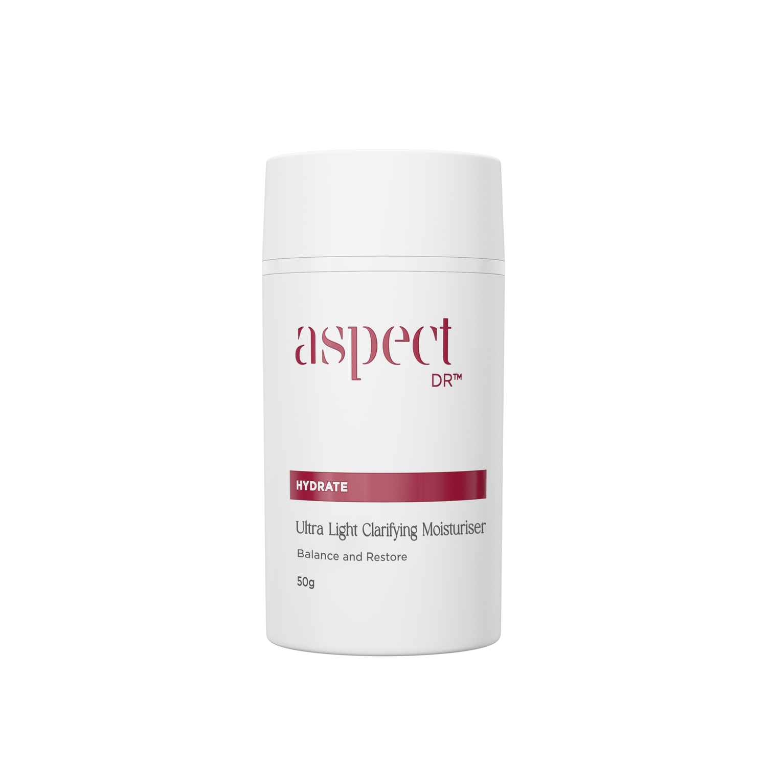 Aspect DR Ultra Light Clarifying Moisturiser delivers feather-light hydration while supporting a healthy skin microbiome.
