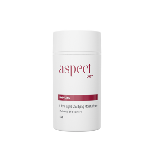 Aspect DR Ultra Light Clarifying Moisturiser delivers feather-light hydration while supporting a healthy skin microbiome.