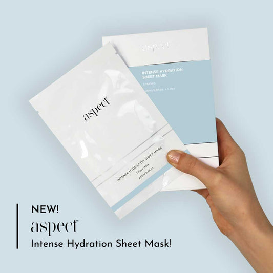 Aspect Intense Hydrating Sheet Mask - A luxurious sheet mask enriched with vitamins, minerals, botanical actives and hyaluronic acid to soothe, nurture, and deliver intense hydration for dewy, glowing skin. Made with a soft, eco-friendly bamboo & cellulose sheet that conforms to the contours of your face, ensuring maximum coverage to deliver active ingredients to the eye contours and face. 