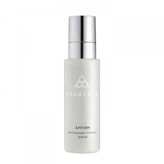 Cosmedix Affirm serum enriched with vitamin E, resveratrol and age-defying biopeptides, Affirm visibly eliminates the appearance of environmental damage and improves the look of photodamaged skin for a firmer and healthier-looking complexion.